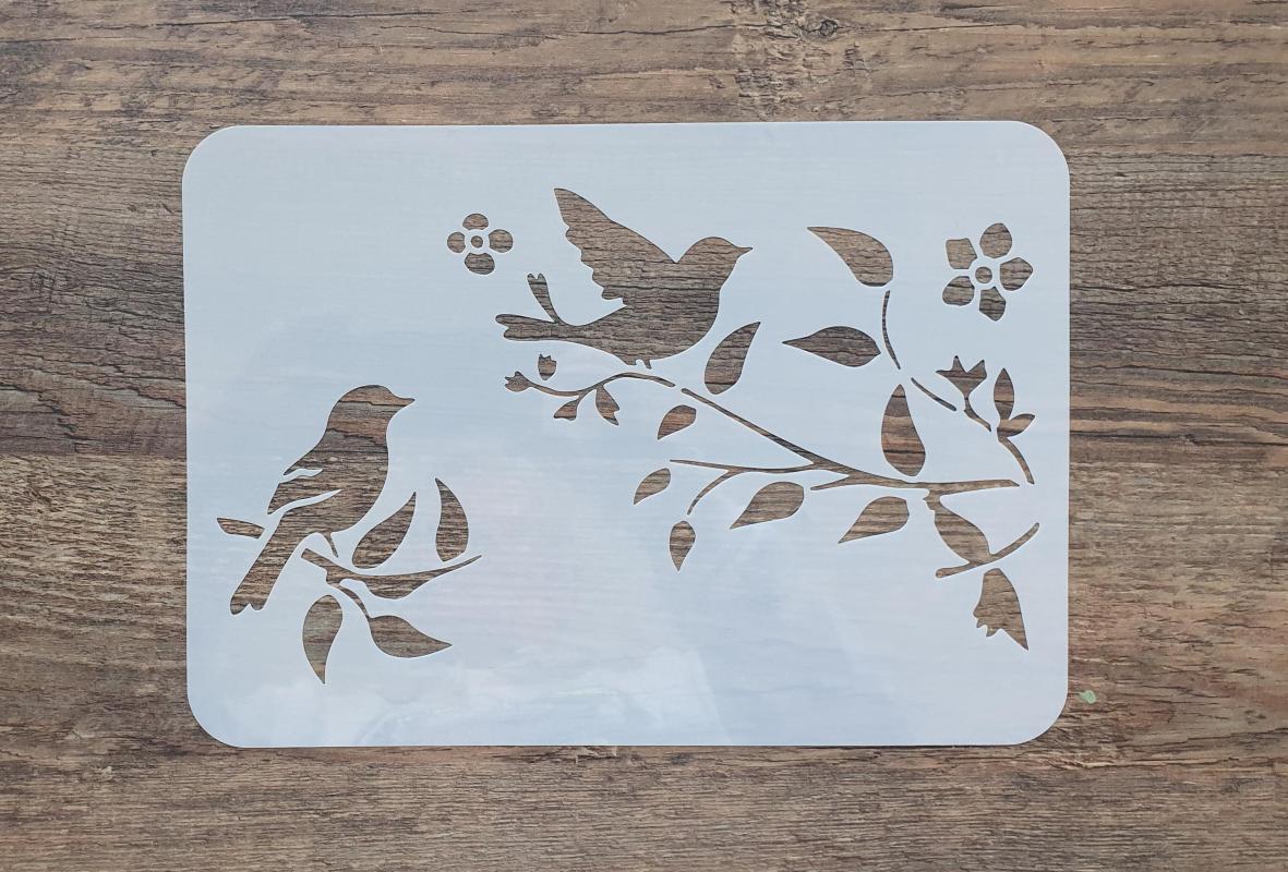 Schablone mit Blütenzweig und Vögeln DIN A 4